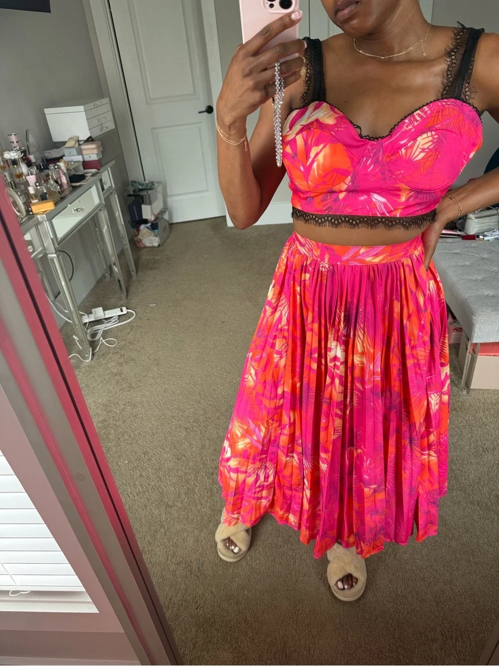 Bright Pink Tropical Print Pleated Midi Skirt and Matching Crop Top Set
